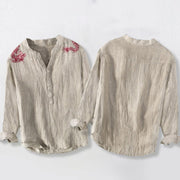 Buddha Stones Red Dragon Pattern Half Buttons Men's Cotton Linen Long Sleeve Shirt - image 8