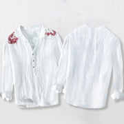 Buddha Stones Red Dragon Pattern Half Buttons Men's Cotton Linen Long Sleeve Shirt - image 5