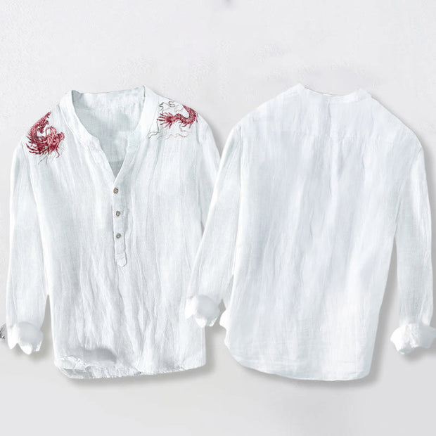 Buddha Stones Red Dragon Pattern Half Buttons Men's Cotton Linen Long Sleeve Shirt - image 5