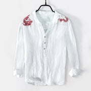 Buddha Stones Red Dragon Pattern Half Buttons Men's Cotton Linen Long Sleeve Shirt - White - US/UK/AU50，EU60 (5XL) - image 3