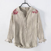 Buddha Stones Red Dragon Pattern Half Buttons Men's Cotton Linen Long Sleeve Shirt - Linen - US/UK/AU50，EU60 (5XL) - image 6