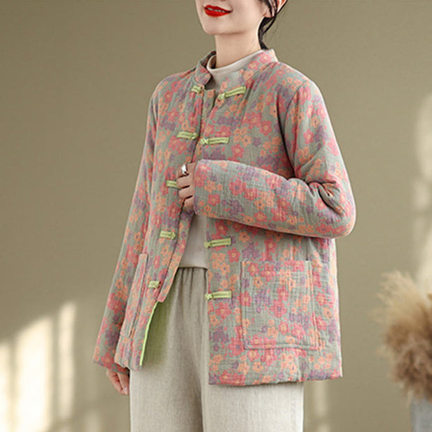 Buddha Stones Women's Winter Thicken Cotton Floral Pattern Long Sleeve Jacket With Jackets - image 3