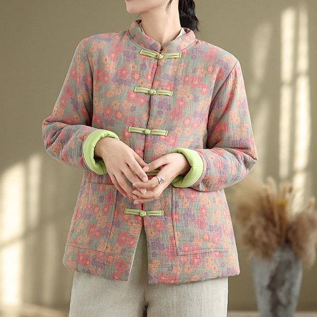 Buddha Stones Women's Winter Thicken Cotton Floral Pattern Long Sleeve Jacket With Jackets - image 4