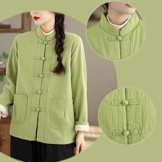 Buddha Stones Women's Plain Cotton-padded Buttons Design Long Sleeve Thermal Jacket With Pockets - image 26