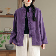 Buddha Stones Women's Plain Cotton-padded Buttons Design Long Sleeve Thermal Jacket With Pockets - image 10