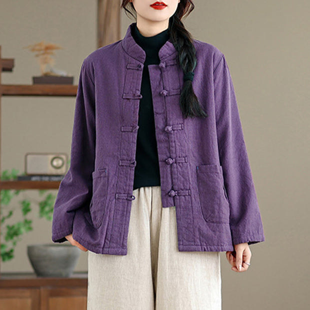 Buddha Stones Women's Plain Cotton-padded Buttons Design Long Sleeve Thermal Jacket With Pockets - image 10