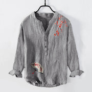 Buddha Stones Plum Blossoms Folding Fan Pattern Half Buttons Men's Cotton Linen Long Sleeve Shirt - Gray - US/UK/AU50，EU60 (5XL) - image 3