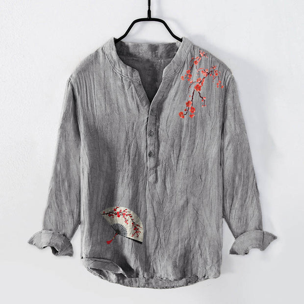 Buddha Stones Plum Blossoms Folding Fan Pattern Half Buttons Men's Cotton Linen Long Sleeve Shirt - Gray - US/UK/AU50，EU60 (5XL) - image 3