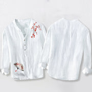 Buddha Stones Plum Blossoms Folding Fan Pattern Half Buttons Men's Cotton Linen Long Sleeve Shirt - image 8