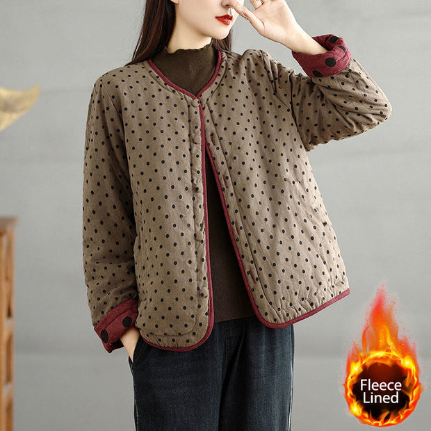 Buddha Stones Women's Reversible Design Dot Pattern Long Sleeve Thermal Cotton Jacket With Pockets - DarkKhaki - US14，UK/AU18，EU46 (2XL) - image 0