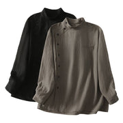 Buddha Stones Fall Stand Collar Chinese Frog-Button Simple Design Long Sleeve Women's Cotton Shirt - image 17