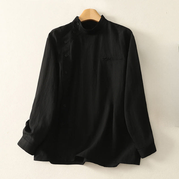 Buddha Stones Fall Stand Collar Chinese Frog-Button Simple Design Long Sleeve Women's Cotton Shirt - Black - US8-10，UK/AU12-14，EU40-42 (2XL) - image 11