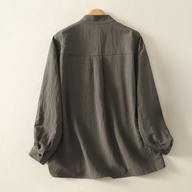 Buddha Stones Fall Stand Collar Chinese Frog-Button Simple Design Long Sleeve Women's Cotton Shirt - image 1