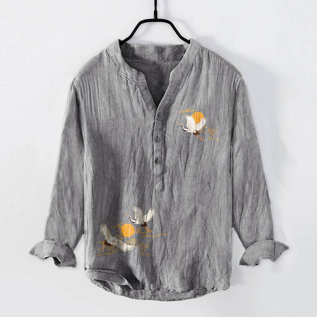 Buddha Stones Golden Sun Crane Pattern Half Buttons Men's Cotton Linen Long Sleeve Shirt - Gray - US/UK/AU50，EU60 (5XL) - image 0