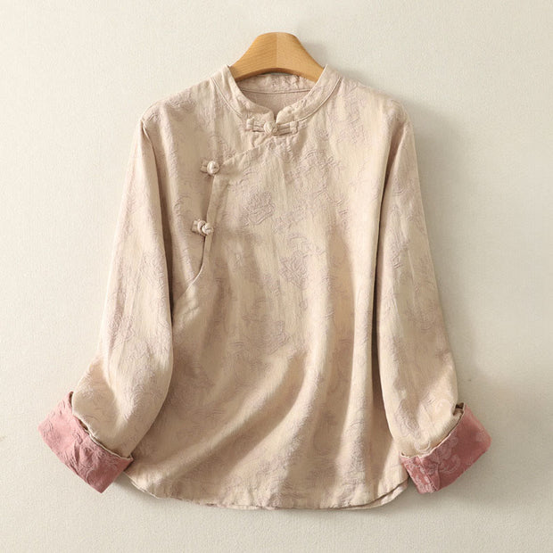 Buddha Stones Spring Plain Jacquard Design Women's Cotton Zen Long Sleeve Shirt - BlanchedAlmond - US8-10，UK/AU12-14，EU40-42 (2XL) - image 5