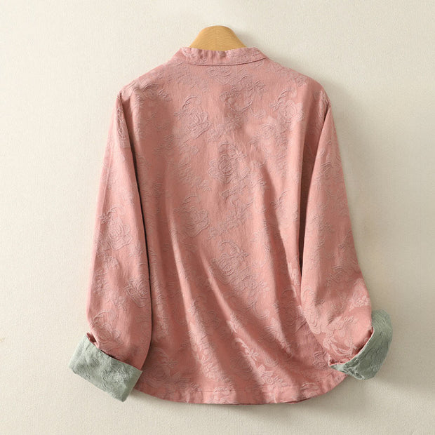 Buddha Stones Spring Plain Jacquard Design Women's Cotton Zen Long Sleeve Shirt - image 11