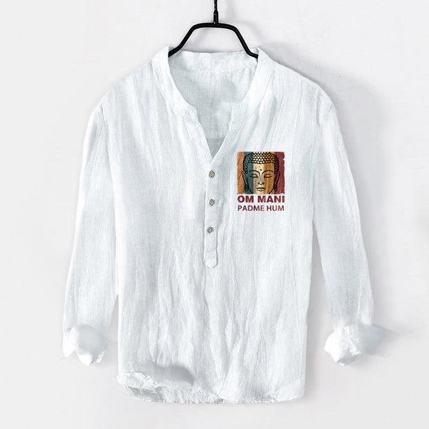 Buddha Stones OM MANI PADME HUM Buddha Pattern Half Buttons Men's Cotton Linen Long Sleeve Shirt - White - US/UK/AU50，EU60 (5XL) - image 6
