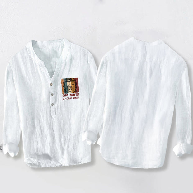Buddha Stones OM MANI PADME HUM Buddha Pattern Half Buttons Men's Cotton Linen Long Sleeve Shirt - image 8
