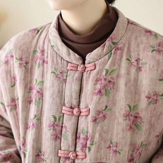 Buddha Stones Women's Long Sleeve Thermal Cotton Printed Florwer Pattern Jacket With Pockets - image 5