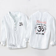 Buddha Stones "Namaste I Honor the You" Om Pattern Half Buttons Men's Cotton Linen Long Sleeve Shirt - White - US/UK/AU50，EU60 (5XL) - image 0