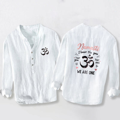 Buddha Stones "Namaste I Honor the You" Om Pattern Half Buttons Men's Cotton Linen Long Sleeve Shirt - White - US/UK/AU50，EU60 (5XL) - image 0