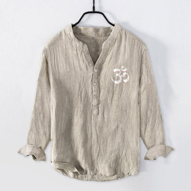Buddha Stones "Namaste I Honor the You" Om Pattern Half Buttons Men's Cotton Linen Long Sleeve Shirt - image 4