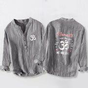 Buddha Stones "Namaste I Honor the You" Om Pattern Half Buttons Men's Cotton Linen Long Sleeve Shirt - Gray - US/UK/AU50，EU60 (5XL) - image 6