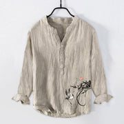 Buddha Stones Rising Sun Crane Branches Pattern Half Buttons Men's Cotton Linen Long Sleeve Shirt - Linen - US/UK/AU50，EU60 (5XL) - image 0