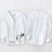 Buddha Stones Rising Sun Crane Branches Pattern Half Buttons Men's Cotton Linen Long Sleeve Shirt - image 8