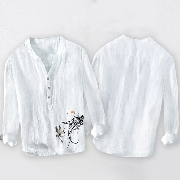 Buddha Stones Rising Sun Crane Branches Pattern Half Buttons Men's Cotton Linen Long Sleeve Shirt - image 8