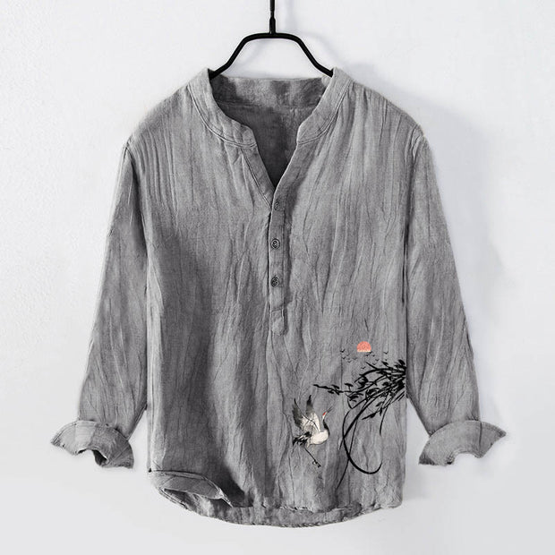 Buddha Stones Rising Sun Crane Branches Pattern Half Buttons Men's Cotton Linen Long Sleeve Shirt - Gray - US/UK/AU50，EU60 (5XL) - image 3