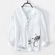 Buddha Stones Rising Sun Crane Branches Pattern Half Buttons Men's Cotton Linen Long Sleeve Shirt - White - US/UK/AU50，EU60 (5XL) - image 6