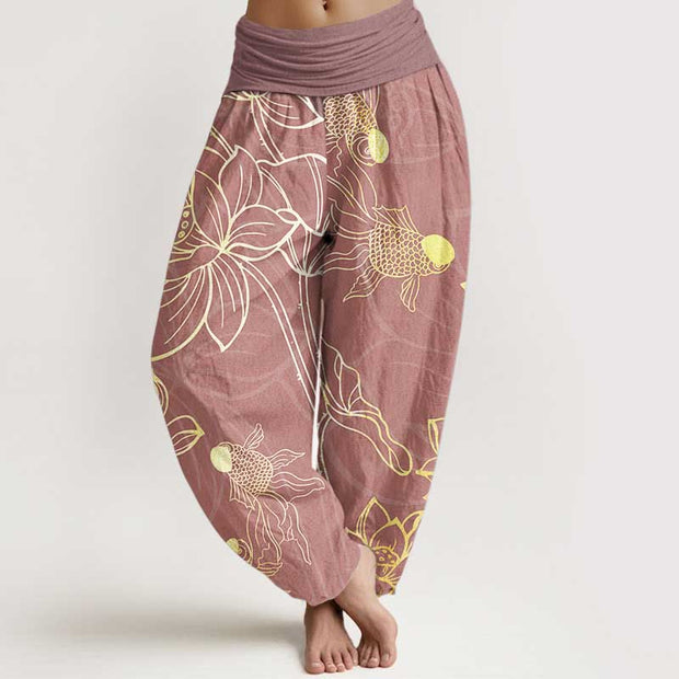 Buddha Stones Pure Cotton Lotus Leaf Koi Fish Women's Elastic Waist Harem Pants - PaleVioletRed - US22，UK/AU26，EU54 (6XL) - image 14