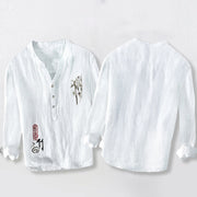 Buddha Stones Red Seal Bamboo Leaves Pattern Half Buttons Men's Cotton Linen Long Sleeve Shirt - image 8