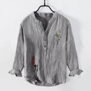 Buddha Stones Red Seal Bamboo Leaves Pattern Half Buttons Men's Cotton Linen Long Sleeve Shirt - Gray - US/UK/AU50，EU60 (5XL) - image 3