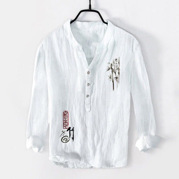 Buddha Stones Red Seal Bamboo Leaves Pattern Half Buttons Men's Cotton Linen Long Sleeve Shirt - White - US/UK/AU50，EU60 (5XL) - image 6