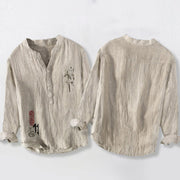 Buddha Stones Red Seal Bamboo Leaves Pattern Half Buttons Men's Cotton Linen Long Sleeve Shirt - image 2