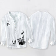 Buddha Stones Bamboo Chinese Character Swordsman Pattern Half Buttons Men's Cotton Linen Long Sleeve Shirt - image 8