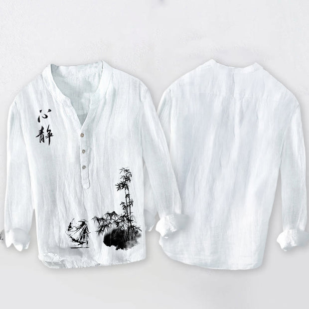 Buddha Stones Bamboo Chinese Character Swordsman Pattern Half Buttons Men's Cotton Linen Long Sleeve Shirt - image 8