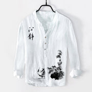 Buddha Stones Bamboo Chinese Character Swordsman Pattern Half Buttons Men's Cotton Linen Long Sleeve Shirt - White - US/UK/AU50，EU60 (5XL) - image 6