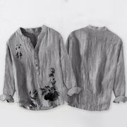 Buddha Stones Bamboo Chinese Character Swordsman Pattern Half Buttons Men's Cotton Linen Long Sleeve Shirt - image 5