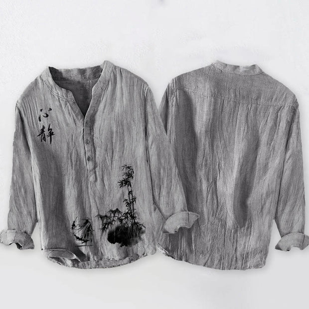 Buddha Stones Bamboo Chinese Character Swordsman Pattern Half Buttons Men's Cotton Linen Long Sleeve Shirt - image 5