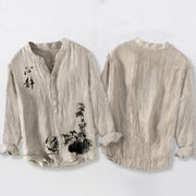 Buddha Stones Bamboo Chinese Character Swordsman Pattern Half Buttons Men's Cotton Linen Long Sleeve Shirt - image 2