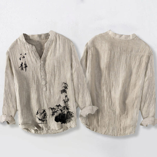 Buddha Stones Bamboo Chinese Character Swordsman Pattern Half Buttons Men's Cotton Linen Long Sleeve Shirt - image 2