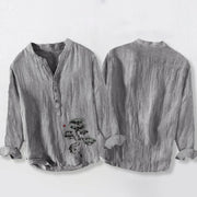 Buddha Stones Pine Tree Pattern Half Buttons Men's Cotton Linen Long Sleeve Shirt - image 5