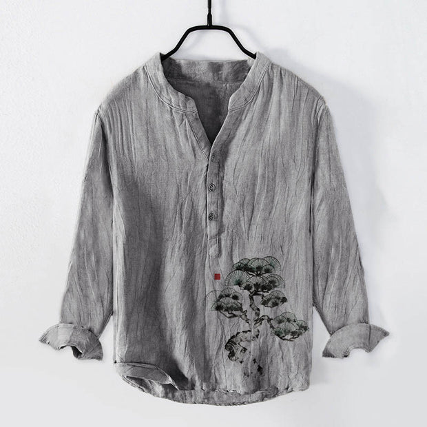 Buddha Stones Pine Tree Pattern Half Buttons Men's Cotton Linen Long Sleeve Shirt - Gray - US/UK/AU50，EU60 (5XL) - image 3