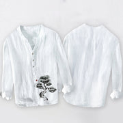 Buddha Stones Pine Tree Pattern Half Buttons Men's Cotton Linen Long Sleeve Shirt - image 8