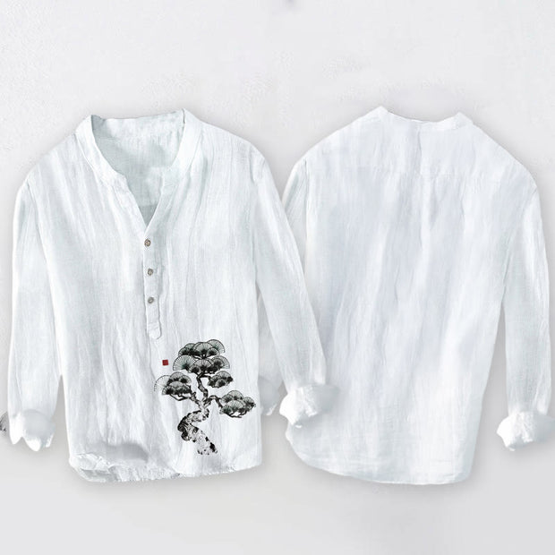 Buddha Stones Pine Tree Pattern Half Buttons Men's Cotton Linen Long Sleeve Shirt - image 8