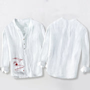 Buddha Stones Auspicious Clouds Red Sun Pattern Half Buttons Men's Cotton Linen Long Sleeve Shirt - image 5