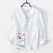 Buddha Stones Auspicious Clouds Red Sun Pattern Half Buttons Men's Cotton Linen Long Sleeve Shirt - White - US/UK/AU50，EU60 (5XL) - image 3